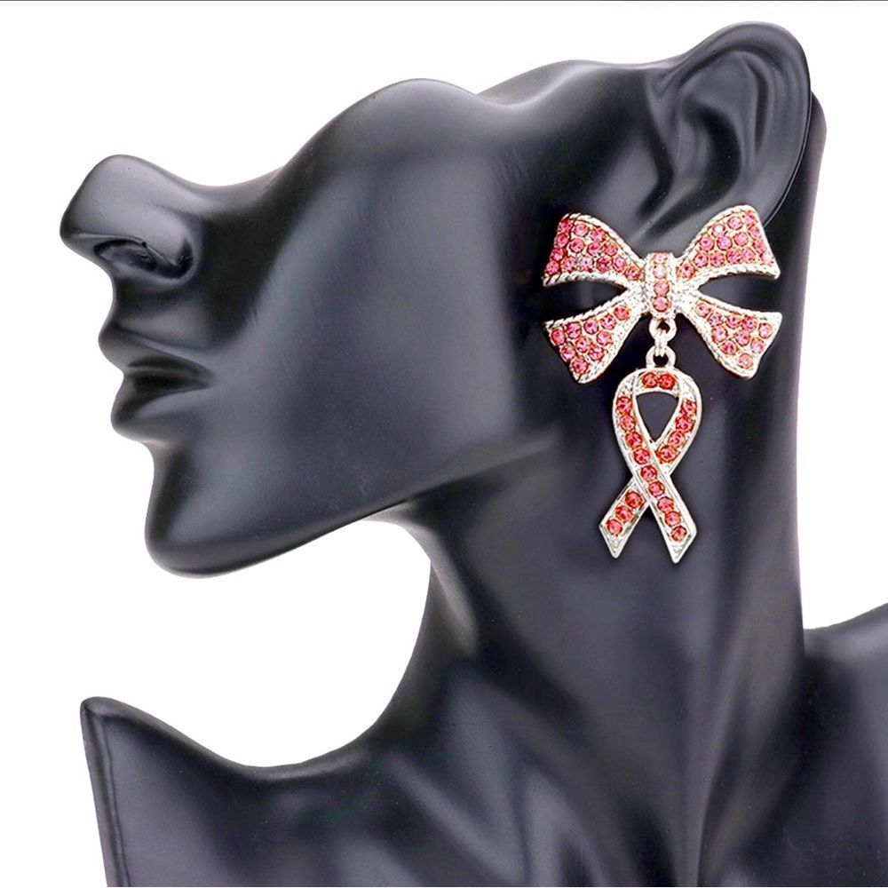 Breast Cancer Awareness Rhinestone Pink Ribbon Statement Earrings